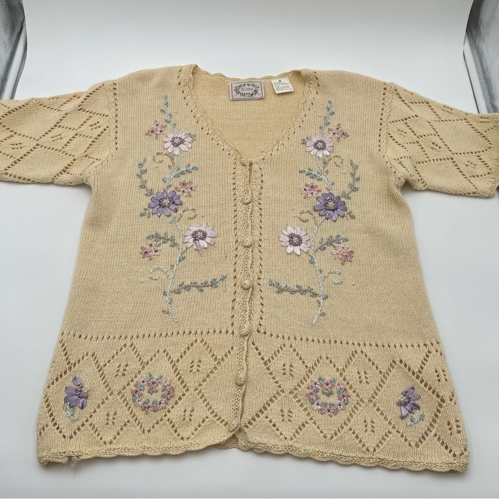 Vtg 80s 90s Erika Embroidered Knit Cardigan Sweater Womens Size L Floral Cottage - Picture 3 of 14